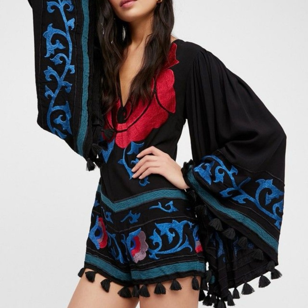 Free People Black Floral Embroidered Island Romper NWOT